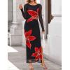ZESICA Women’s Long Sleeve Floral Maxi Dresses 2026 Fall Bodycon Crewneck Side Slit Ruched Fitted Party Long Dress(Black)