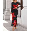 ZESICA Women’s Long Sleeve Floral Maxi Dresses 2026 Fall Bodycon Crewneck Side Slit Ruched Fitted Party Long Dress(Black)
