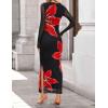 ZESICA Women’s Long Sleeve Floral Maxi Dresses 2026 Fall Bodycon Crewneck Side Slit Ruched Fitted Party Long Dress(Black)
