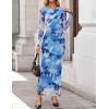 ZESICA Women’s Long Sleeve Floral Maxi Dresses 2026 Fall Bodycon Crewneck Side Slit Ruched Fitted Party Long Dress(Blue)