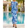 ZESICA Women’s Long Sleeve Floral Maxi Dresses 2026 Fall Bodycon Crewneck Side Slit Ruched Fitted Party Long Dress(Blue)