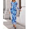 ZESICA Women’s Long Sleeve Floral Maxi Dresses 2026 Fall Bodycon Crewneck Side Slit Ruched Fitted Party Long Dress(Blue)