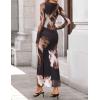 ZESICA Women’s Long Sleeve Floral Maxi Dresses 2026 Fall Bodycon Crewneck Side Slit Ruched Fitted Party Long Dress(Brown)