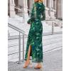 ZESICA Women’s Long Sleeve Floral Maxi Dresses 2026 Fall Bodycon Crewneck Side Slit Ruched Fitted Party Long Dress(Green)
