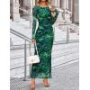 ZESICA Women’s Long Sleeve Floral Maxi Dresses 2026 Fall Bodycon Crewneck Side Slit Ruched Fitted Party Long Dress(Green)