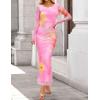 ZESICA Women’s Long Sleeve Floral Maxi Dresses 2026 Fall Bodycon Crewneck Side Slit Ruched Fitted Party Long Dress(Pink)