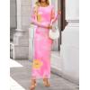 ZESICA Women’s Long Sleeve Floral Maxi Dresses 2026 Fall Bodycon Crewneck Side Slit Ruched Fitted Party Long Dress(Pink)