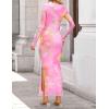 ZESICA Women’s Long Sleeve Floral Maxi Dresses 2026 Fall Bodycon Crewneck Side Slit Ruched Fitted Party Long Dress(Pink)