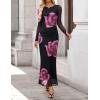 ZESICA Women’s Long Sleeve Floral Maxi Dresses 2026 Fall Bodycon Crewneck Side Slit Ruched Fitted Party Long Dress(Purple)