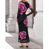 ZESICA Women’s Long Sleeve Floral Maxi Dresses 2026 Fall Bodycon Crewneck Side Slit Ruched Fitted Party Long Dress(Purple)