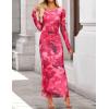 ZESICA Women’s Long Sleeve Floral Maxi Dresses 2026 Fall Bodycon Crewneck Side Slit Ruched Fitted Party Long Dress(Rose)