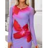 ZESICA Women’s Long Sleeve Floral Maxi Dresses 2026 Fall Bodycon Crewneck Side Slit Ruched Fitted Party Long Dress(Violets)
