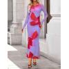 ZESICA Women’s Long Sleeve Floral Maxi Dresses 2026 Fall Bodycon Crewneck Side Slit Ruched Fitted Party Long Dress(Violets)
