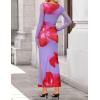 ZESICA Women’s Long Sleeve Floral Maxi Dresses 2026 Fall Bodycon Crewneck Side Slit Ruched Fitted Party Long Dress(Violets)
