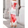 ZESICA Women’s Long Sleeve Floral Maxi Dresses 2026 Fall Bodycon Crewneck Side Slit Ruched Fitted Party Long Dress(White)