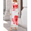 ZESICA Women’s Long Sleeve Floral Maxi Dresses 2026 Fall Bodycon Crewneck Side Slit Ruched Fitted Party Long Dress(White)