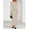 ZESICA Women’s Long Sleeve Off Shoulder Bodycon Dresses Fall 2026 Ruched Lace Wedding Guest Cocktail Formal Maxi Dress(Apricot)