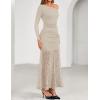 ZESICA Women’s Long Sleeve Off Shoulder Bodycon Dresses Fall 2026 Ruched Lace Wedding Guest Cocktail Formal Maxi Dress(Apricot)