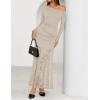 ZESICA Women’s Long Sleeve Off Shoulder Bodycon Dresses Fall 2026 Ruched Lace Wedding Guest Cocktail Formal Maxi Dress(Apricot)