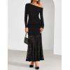 ZESICA Women’s Long Sleeve Off Shoulder Bodycon Dresses Fall 2026 Ruched Lace Wedding Guest Cocktail Formal Maxi Dress(Black)