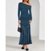 ZESICA Women’s Long Sleeve Off Shoulder Bodycon Dresses Fall 2026 Ruched Lace Wedding Guest Cocktail Formal Maxi Dress(Blue)