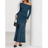 ZESICA Women’s Long Sleeve Off Shoulder Bodycon Dresses Fall 2026 Ruched Lace Wedding Guest Cocktail Formal Maxi Dress(Blue)