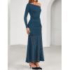 ZESICA Women’s Long Sleeve Off Shoulder Bodycon Dresses Fall 2026 Ruched Lace Wedding Guest Cocktail Formal Maxi Dress(Blue)