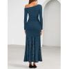 ZESICA Women’s Long Sleeve Off Shoulder Bodycon Dresses Fall 2026 Ruched Lace Wedding Guest Cocktail Formal Maxi Dress(Blue)