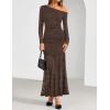 ZESICA Women’s Long Sleeve Off Shoulder Bodycon Dresses Fall 2026 Ruched Lace Wedding Guest Cocktail Formal Maxi Dress(Coffee)