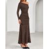 ZESICA Women’s Long Sleeve Off Shoulder Bodycon Dresses Fall 2026 Ruched Lace Wedding Guest Cocktail Formal Maxi Dress(Coffee)