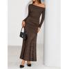 ZESICA Women’s Long Sleeve Off Shoulder Bodycon Dresses Fall 2026 Ruched Lace Wedding Guest Cocktail Formal Maxi Dress(Coffee)