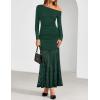 ZESICA Women’s Long Sleeve Off Shoulder Bodycon Dresses Fall 2026 Ruched Lace Wedding Guest Cocktail Formal Maxi Dress(Green)