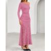 ZESICA Women’s Long Sleeve Off Shoulder Bodycon Dresses Fall 2026 Ruched Lace Wedding Guest Cocktail Formal Maxi Dress(Pink)