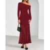 ZESICA Women’s Long Sleeve Off Shoulder Bodycon Dresses Fall 2026 Ruched Lace Wedding Guest Cocktail Formal Maxi Dress(Red)