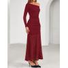 ZESICA Women’s Long Sleeve Off Shoulder Bodycon Dresses Fall 2026 Ruched Lace Wedding Guest Cocktail Formal Maxi Dress(Red)