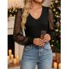 ZESICA Women’s Mesh Puff Long Sleeve Shirts 2026 Spring Fall V Neck Ribbed Knit Sexy Going Out Tops Casual Work Blouse(Black)