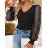ZESICA Women’s Mesh Puff Long Sleeve Shirts 2026 Spring Fall V Neck Ribbed Knit Sexy Going Out Tops Casual Work Blouse(Black)
