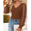 ZESICA Women’s Mesh Puff Long Sleeve Shirts 2026 Spring Fall V Neck Ribbed Knit Sexy Going Out Tops Casual Work Blouse(Brown)