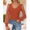 ZESICA Women’s Mesh Puff Long Sleeve Shirts 2026 Spring Fall V Neck Ribbed Knit Sexy Going Out Tops Casual Work Blouse(Burnt Orange)