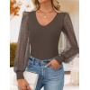 ZESICA Women’s Mesh Puff Long Sleeve Shirts 2026 Spring Fall V Neck Ribbed Knit Sexy Going Out Tops Casual Work Blouse(Coffee)