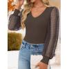 ZESICA Women’s Mesh Puff Long Sleeve Shirts 2026 Spring Fall V Neck Ribbed Knit Sexy Going Out Tops Casual Work Blouse(Coffee)