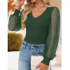 ZESICA Women’s Mesh Puff Long Sleeve Shirts 2026 Spring Fall V Neck Ribbed Knit Sexy Going Out Tops Casual Work Blouse(Dark Green)