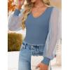 ZESICA Women’s Mesh Puff Long Sleeve Shirts 2026 Spring Fall V Neck Ribbed Knit Sexy Going Out Tops Casual Work Blouse(Dusty Blue)