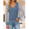 ZESICA Women’s Mesh Puff Long Sleeve Shirts 2026 Spring Fall V Neck Ribbed Knit Sexy Going Out Tops Casual Work Blouse(Dusty Blue)