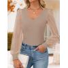ZESICA Women’s Mesh Puff Long Sleeve Shirts 2026 Spring Fall V Neck Ribbed Knit Sexy Going Out Tops Casual Work Blouse(Khaki)