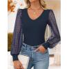 ZESICA Women’s Mesh Puff Long Sleeve Shirts 2026 Spring Fall V Neck Ribbed Knit Sexy Going Out Tops Casual Work Blouse(Navy Blue)