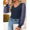 ZESICA Women’s Mesh Puff Long Sleeve Shirts 2026 Spring Fall V Neck Ribbed Knit Sexy Going Out Tops Casual Work Blouse(Navy Blue)