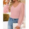 ZESICA Women’s Mesh Puff Long Sleeve Shirts 2026 Spring Fall V Neck Ribbed Knit Sexy Going Out Tops Casual Work Blouse(Pink)