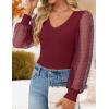 ZESICA Women’s Mesh Puff Long Sleeve Shirts 2026 Spring Fall V Neck Ribbed Knit Sexy Going Out Tops Casual Work Blouse(Wine Red)