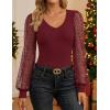 ZESICA Women’s Mesh Puff Long Sleeve Shirts 2026 Spring Fall V Neck Ribbed Knit Sexy Going Out Tops Casual Work Blouse(Wine Red)